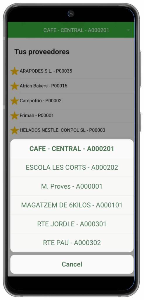 Captura de l'app 6kilos mostrant el selector per canviar entre diferents establiments
